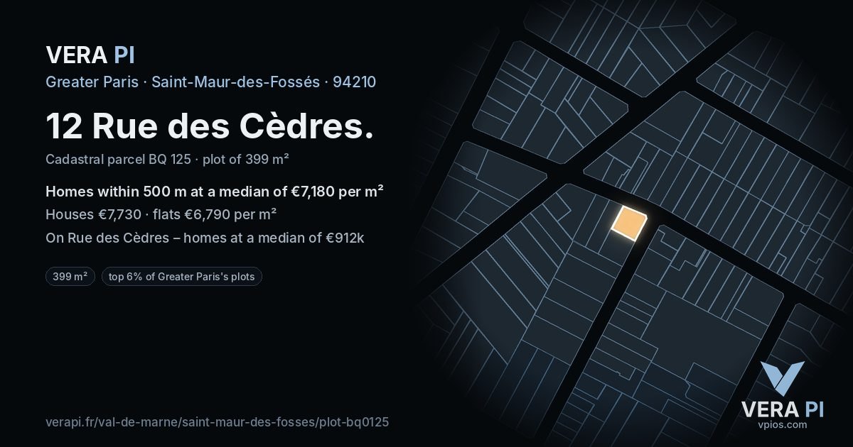 12 Rue des Cèdres, Saint-Maur-des-Fossés at night – the plot lit, the parcels around coloured by the prices near them