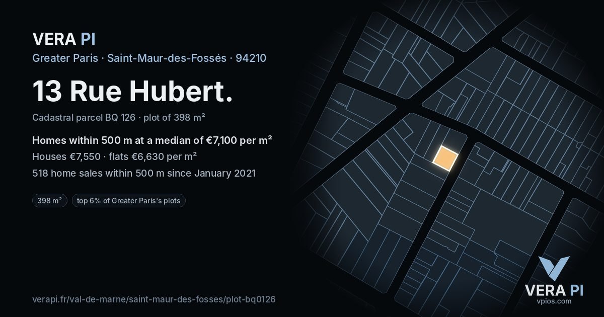 13 Rue Hubert, Saint-Maur-des-Fossés at night – the plot lit, the parcels around coloured by the prices near them