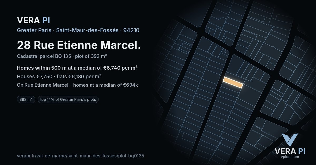 28 Rue Etienne Marcel, Saint-Maur-des-Fossés at night – the plot lit, the parcels around coloured by the prices near them