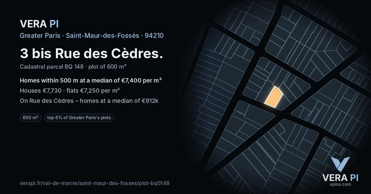 3 bis Rue des Cèdres, Saint-Maur-des-Fossés at night – the plot lit, the parcels around coloured by the prices near them