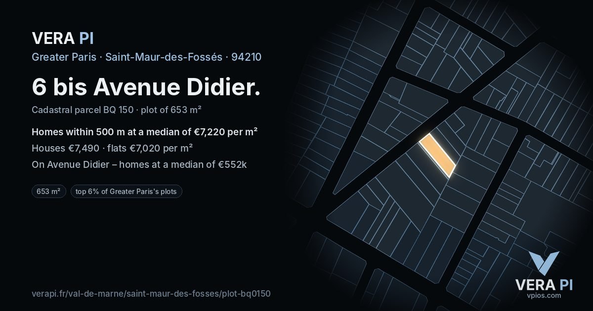 6 bis Avenue Didier, Saint-Maur-des-Fossés at night – the plot lit, the parcels around coloured by the prices near them