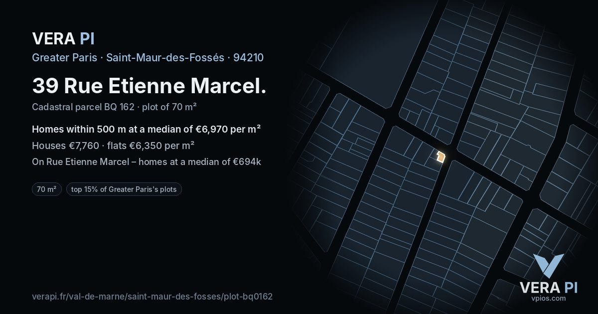 39 Rue Etienne Marcel, Saint-Maur-des-Fossés at night – the plot lit, the parcels around coloured by the prices near them