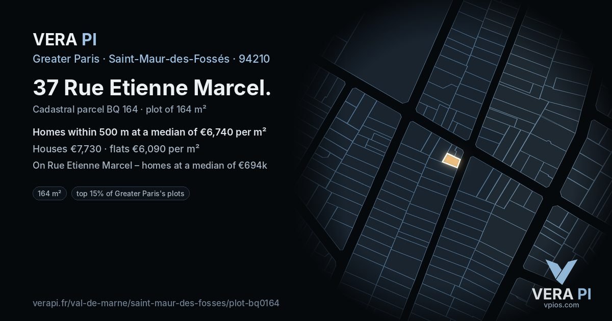 37 Rue Etienne Marcel, Saint-Maur-des-Fossés at night – the plot lit, the parcels around coloured by the prices near them