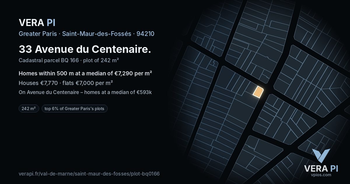 33 Avenue du Centenaire, Saint-Maur-des-Fossés at night – the plot lit, the parcels around coloured by the prices near them