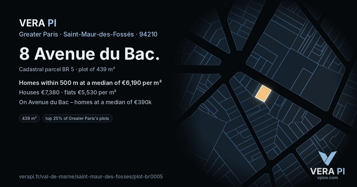 8 Avenue du Bac, Saint-Maur-des-Fossés at night – the plot lit, the parcels around coloured by the prices near them