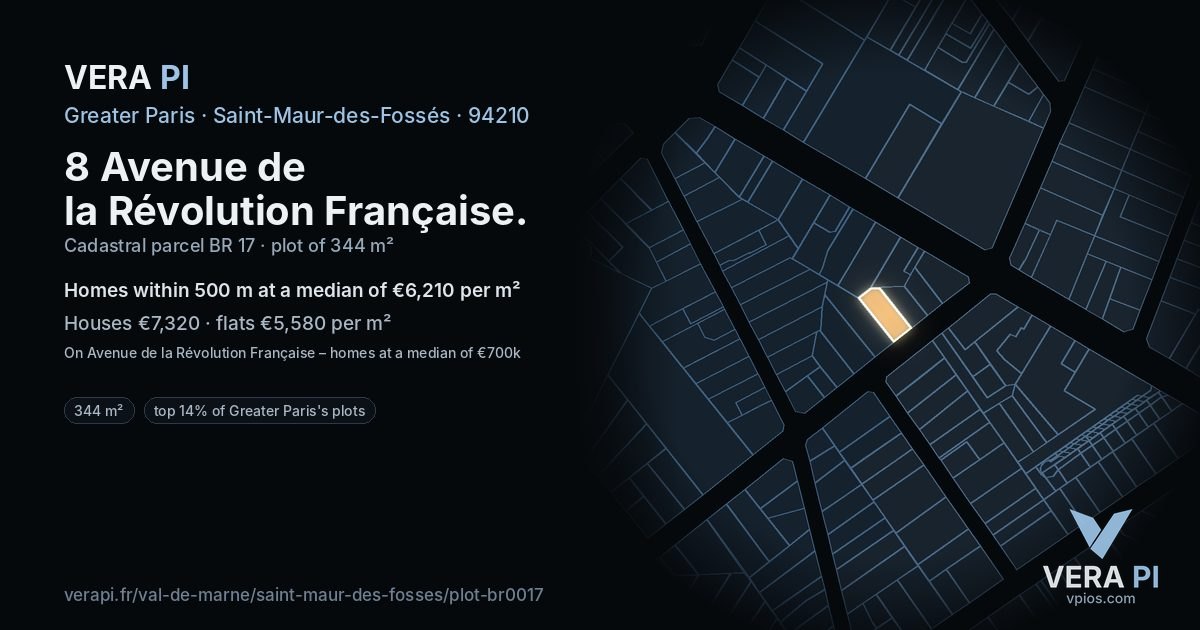8 Avenue de la Révolution Française, Saint-Maur-des-Fossés at night – the plot lit, the parcels around coloured by the prices near them