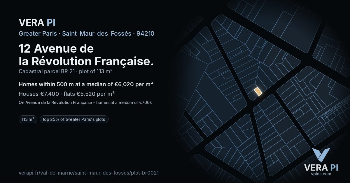 12 Avenue de la Révolution Française, Saint-Maur-des-Fossés at night – the plot lit, the parcels around coloured by the prices near them