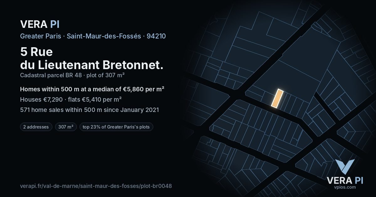 5 Rue du Lieutenant Bretonnet, Saint-Maur-des-Fossés at night – the plot lit, the parcels around coloured by the prices near them