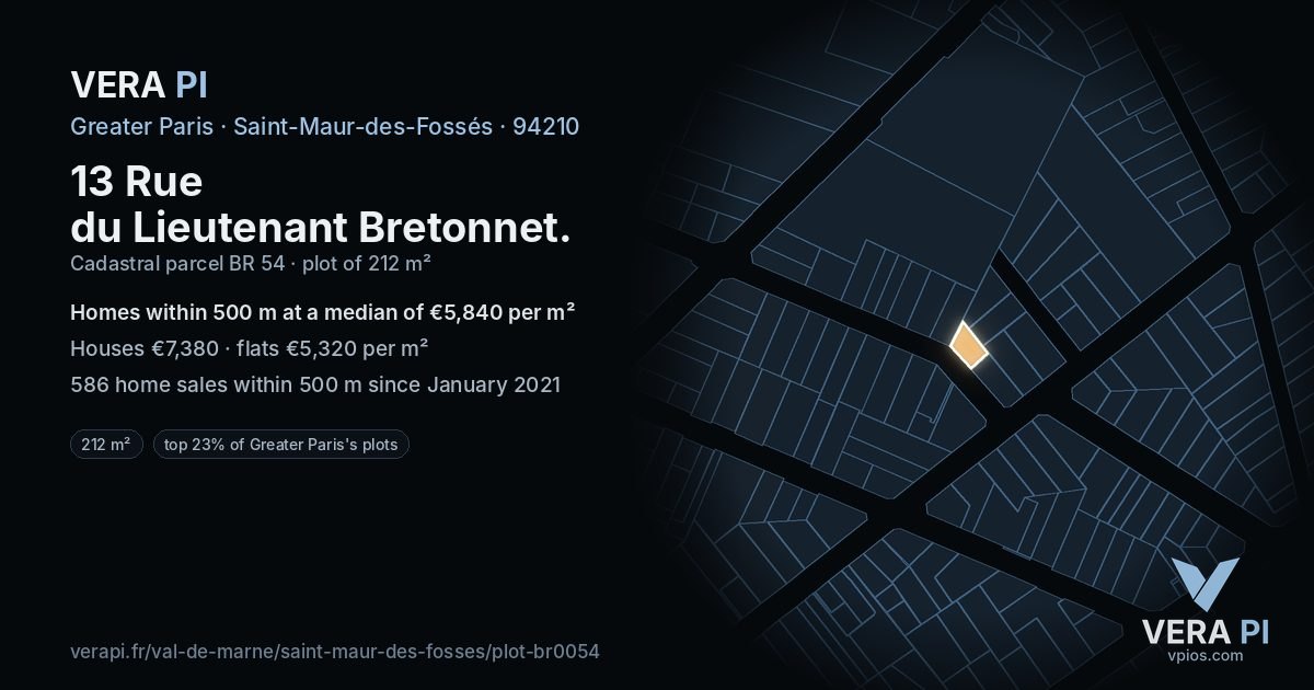 13 Rue du Lieutenant Bretonnet, Saint-Maur-des-Fossés at night – the plot lit, the parcels around coloured by the prices near them