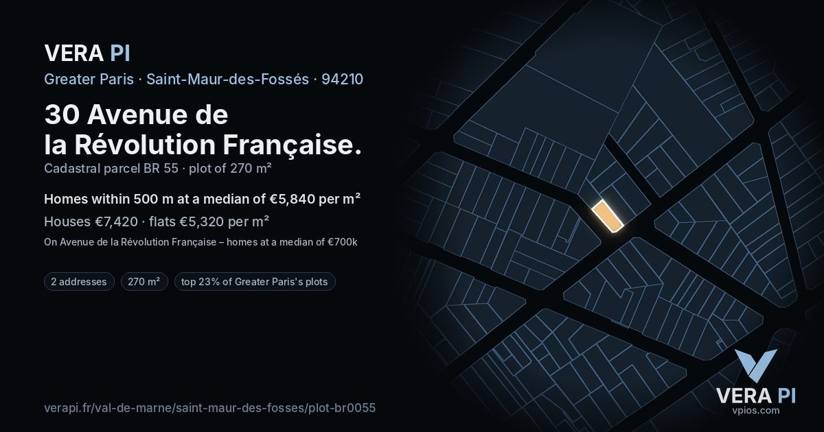 30 Avenue de la Révolution Française, Saint-Maur-des-Fossés at night – the plot lit, the parcels around coloured by the prices near them