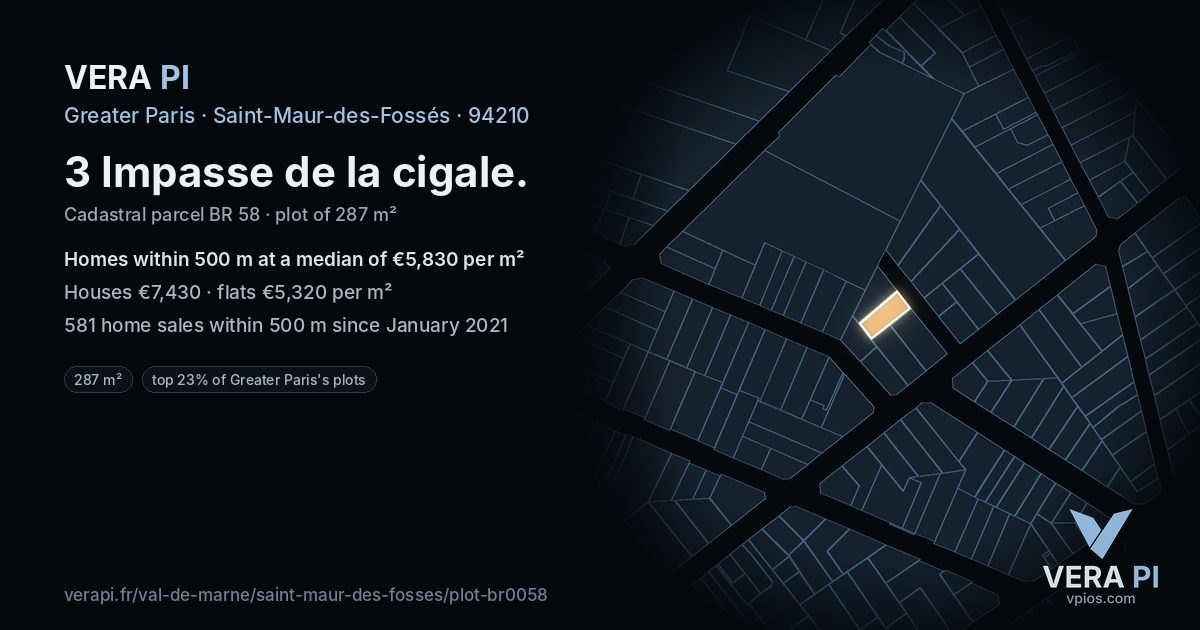 3 Impasse de la cigale, Saint-Maur-des-Fossés at night – the plot lit, the parcels around coloured by the prices near them
