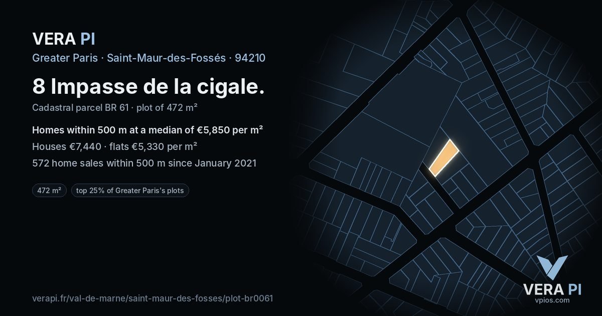 8 Impasse de la cigale, Saint-Maur-des-Fossés at night – the plot lit, the parcels around coloured by the prices near them