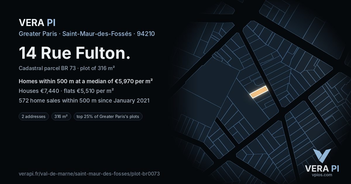 14 Rue Fulton, Saint-Maur-des-Fossés at night – the plot lit, the parcels around coloured by the prices near them