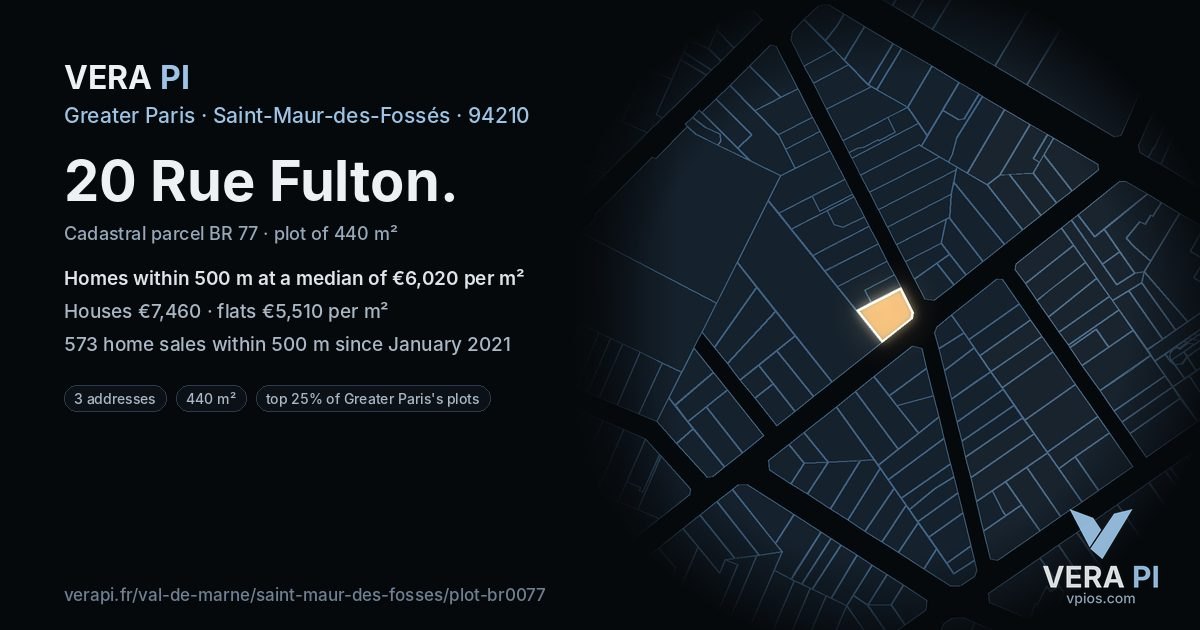 20 Rue Fulton, Saint-Maur-des-Fossés at night – the plot lit, the parcels around coloured by the prices near them