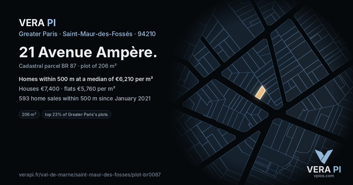 21 Avenue Ampère, Saint-Maur-des-Fossés at night – the plot lit, the parcels around coloured by the prices near them