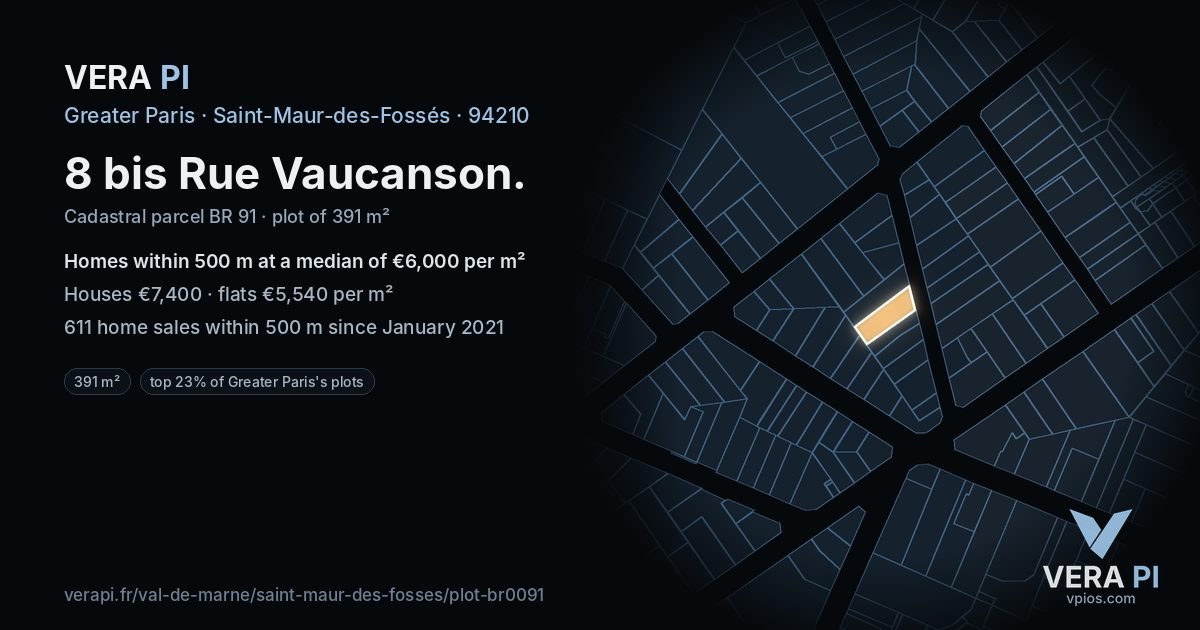8 bis Rue Vaucanson, Saint-Maur-des-Fossés at night – the plot lit, the parcels around coloured by the prices near them
