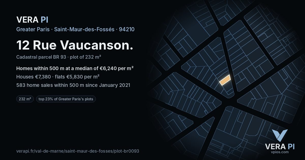 12 Rue Vaucanson, Saint-Maur-des-Fossés at night – the plot lit, the parcels around coloured by the prices near them