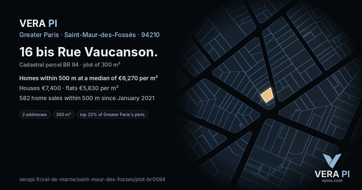 16 bis Rue Vaucanson, Saint-Maur-des-Fossés at night – the plot lit, the parcels around coloured by the prices near them