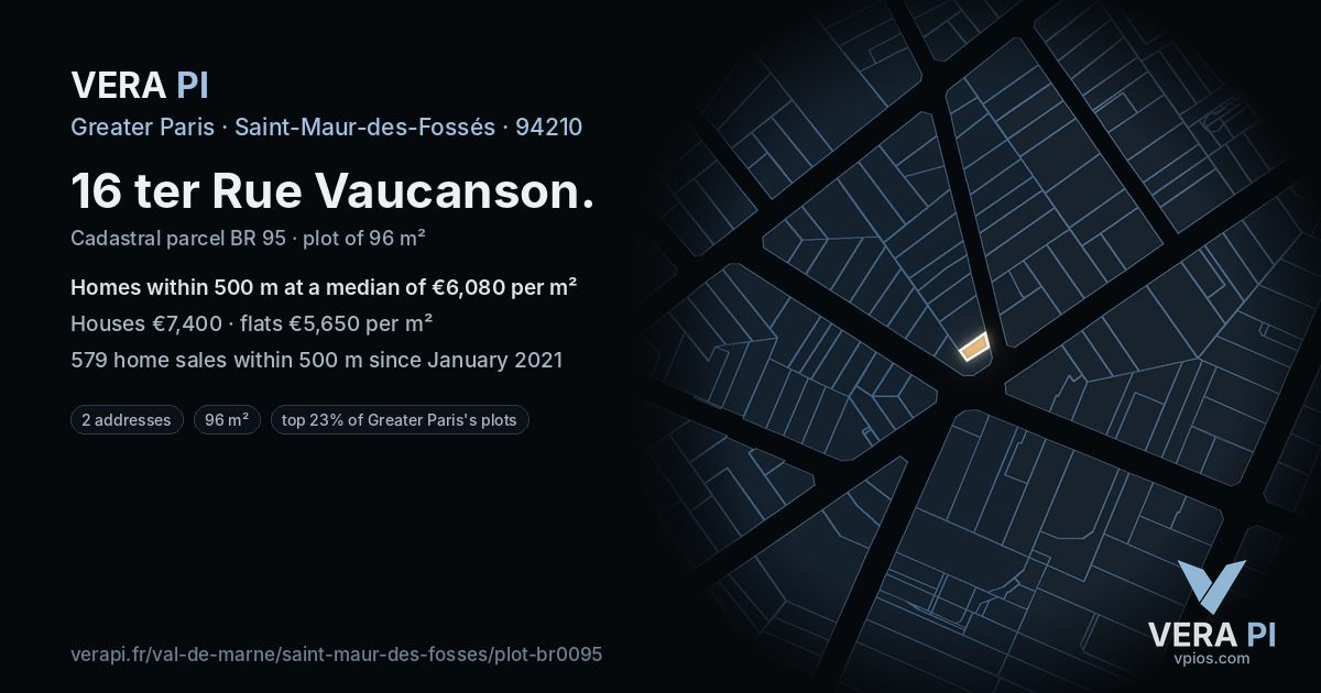 16 ter Rue Vaucanson, Saint-Maur-des-Fossés at night – the plot lit, the parcels around coloured by the prices near them