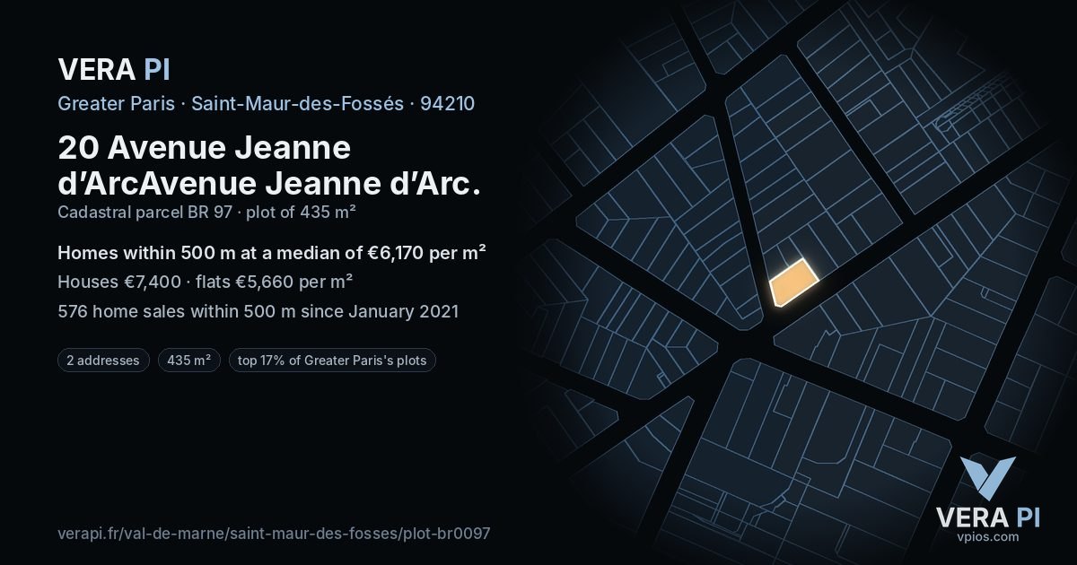 20 Avenue Jeanne d’ArcAvenue Jeanne d’Arc, Saint-Maur-des-Fossés at night – the plot lit, the parcels around coloured by the prices near them