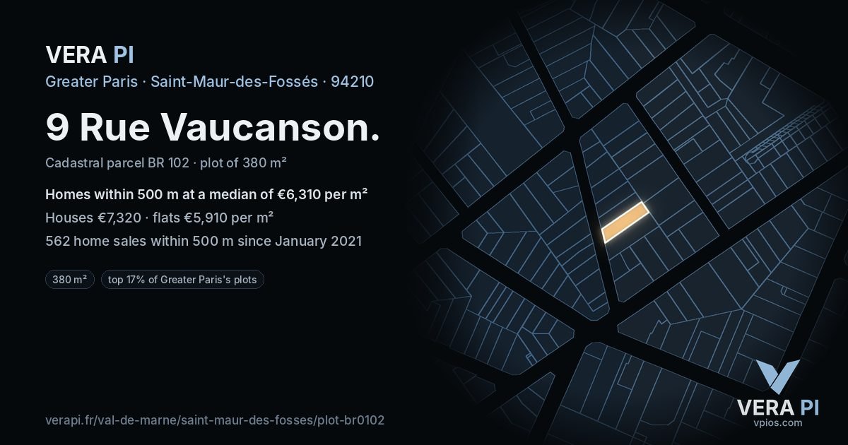 9 Rue Vaucanson, Saint-Maur-des-Fossés at night – the plot lit, the parcels around coloured by the prices near them