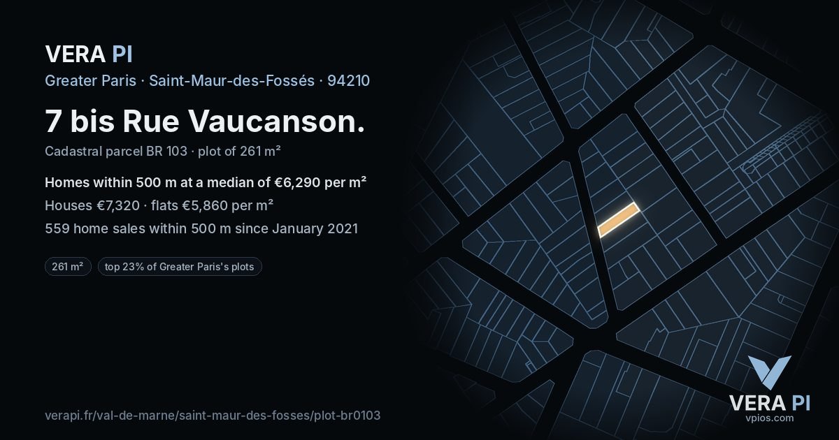 7 bis Rue Vaucanson, Saint-Maur-des-Fossés at night – the plot lit, the parcels around coloured by the prices near them