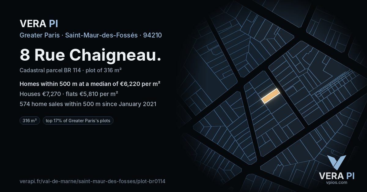 8 Rue Chaigneau, Saint-Maur-des-Fossés at night – the plot lit, the parcels around coloured by the prices near them