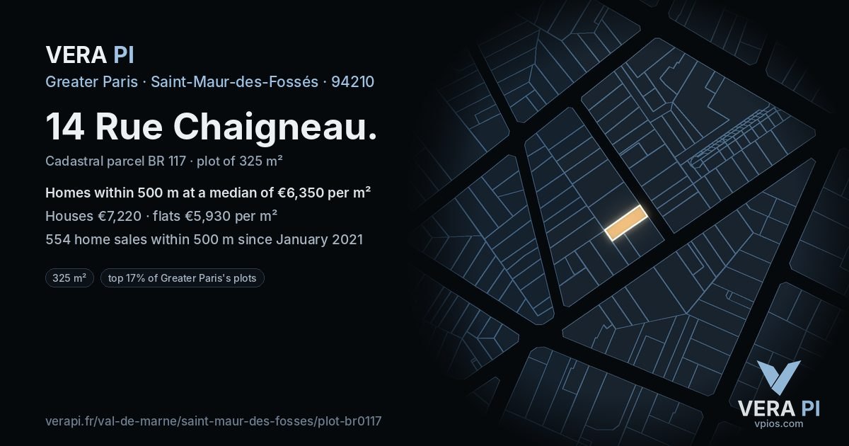 14 Rue Chaigneau, Saint-Maur-des-Fossés at night – the plot lit, the parcels around coloured by the prices near them