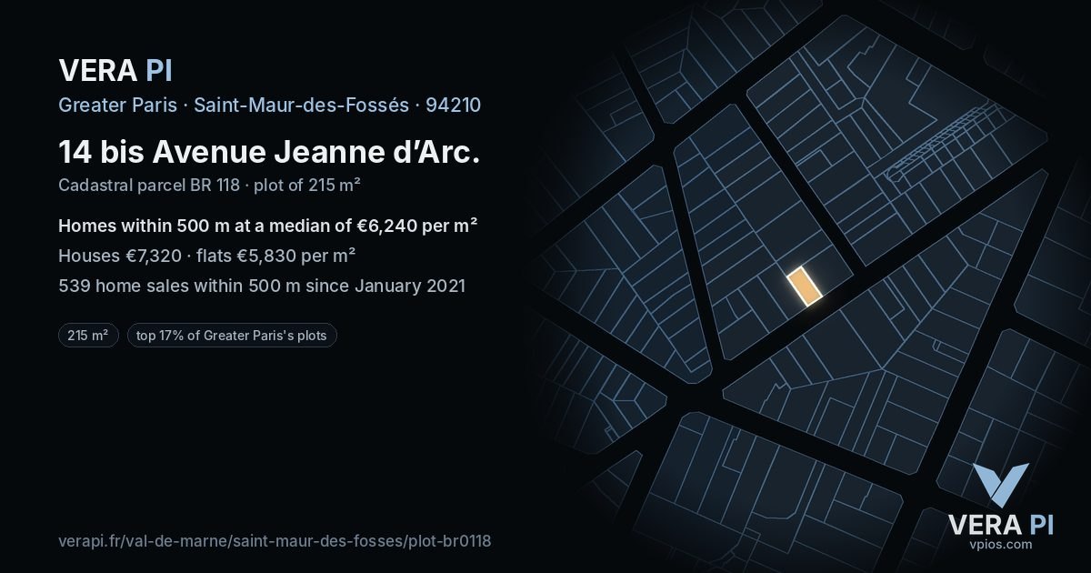 14 bis Avenue Jeanne d’Arc, Saint-Maur-des-Fossés at night – the plot lit, the parcels around coloured by the prices near them