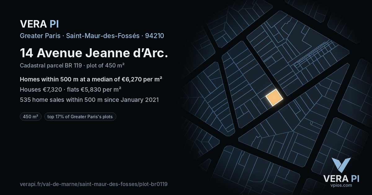 14 Avenue Jeanne d’Arc, Saint-Maur-des-Fossés at night – the plot lit, the parcels around coloured by the prices near them