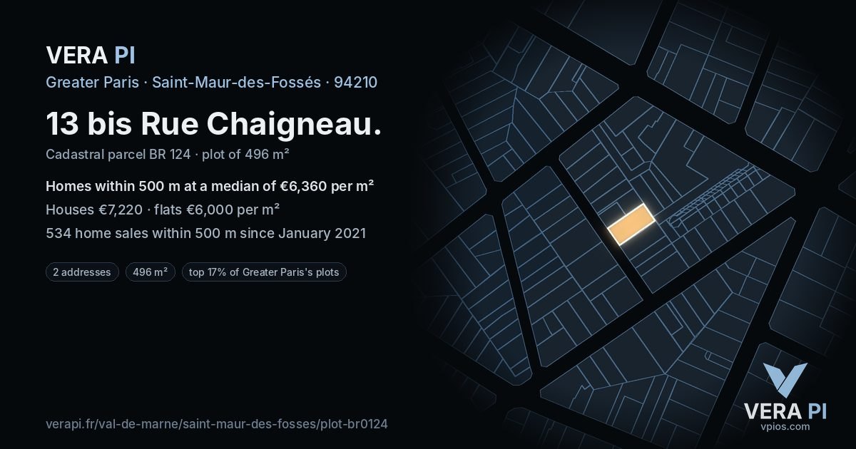 13 bis Rue Chaigneau, Saint-Maur-des-Fossés at night – the plot lit, the parcels around coloured by the prices near them