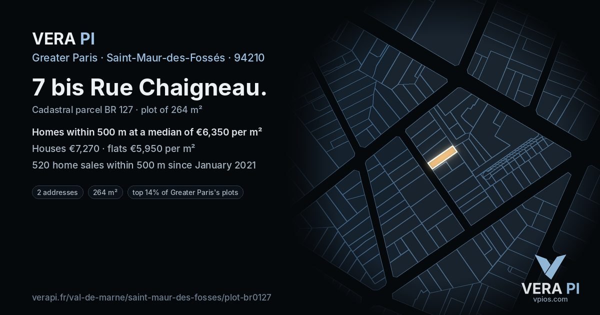 7 bis Rue Chaigneau, Saint-Maur-des-Fossés at night – the plot lit, the parcels around coloured by the prices near them