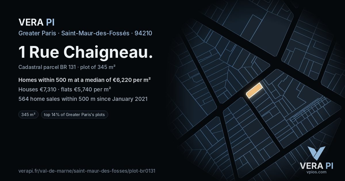 1 Rue Chaigneau, Saint-Maur-des-Fossés at night – the plot lit, the parcels around coloured by the prices near them