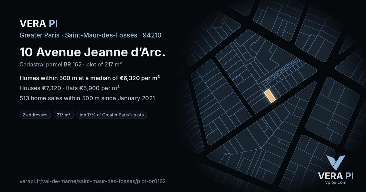 10 Avenue Jeanne d’Arc, Saint-Maur-des-Fossés at night – the plot lit, the parcels around coloured by the prices near them