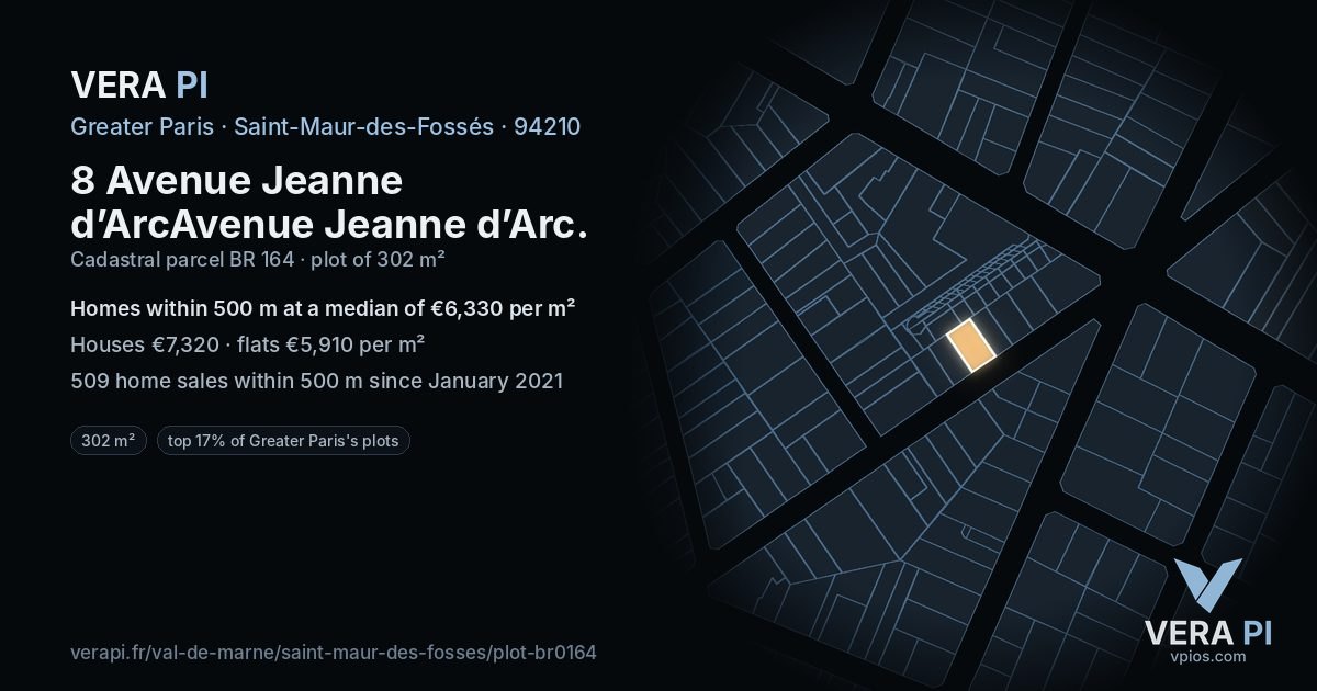8 Avenue Jeanne d’ArcAvenue Jeanne d’Arc, Saint-Maur-des-Fossés at night – the plot lit, the parcels around coloured by the prices near them