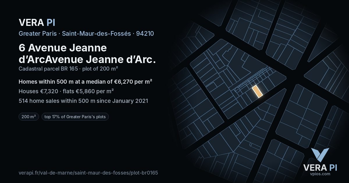 6 Avenue Jeanne d’ArcAvenue Jeanne d’Arc, Saint-Maur-des-Fossés at night – the plot lit, the parcels around coloured by the prices near them