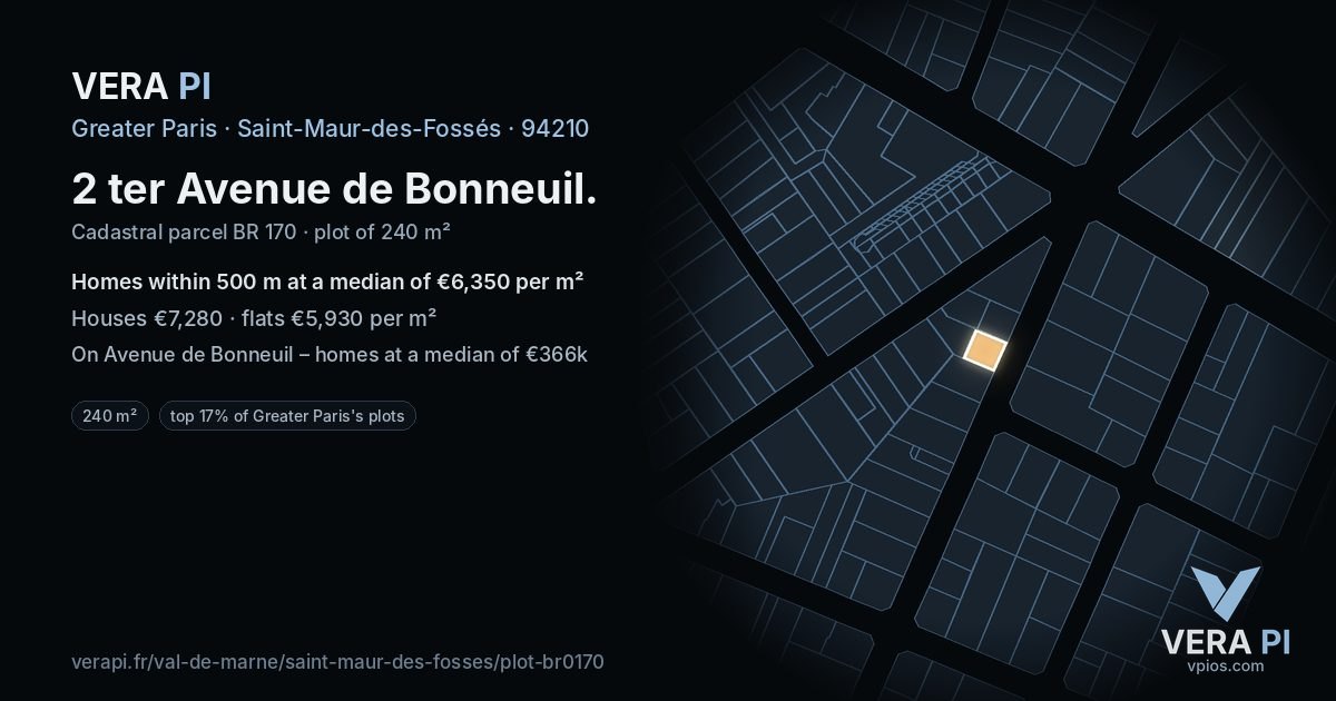 2 ter Avenue de Bonneuil, Saint-Maur-des-Fossés at night – the plot lit, the parcels around coloured by the prices near them