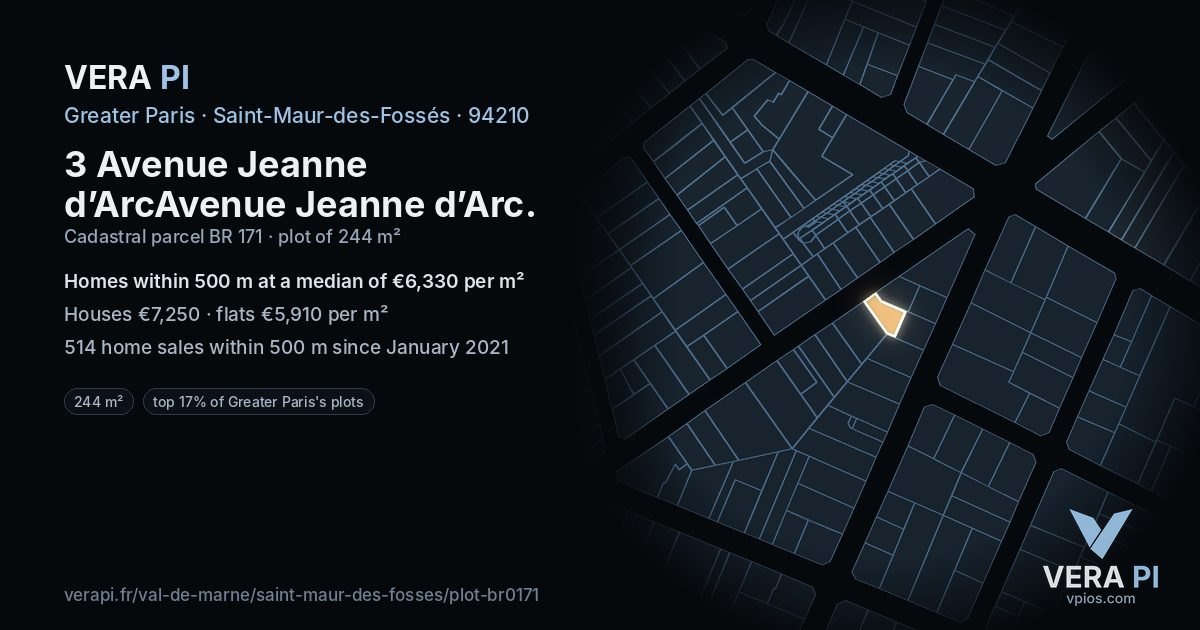 3 Avenue Jeanne d’ArcAvenue Jeanne d’Arc, Saint-Maur-des-Fossés at night – the plot lit, the parcels around coloured by the prices near them