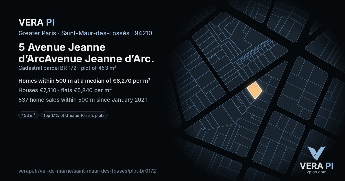5 Avenue Jeanne d’ArcAvenue Jeanne d’Arc, Saint-Maur-des-Fossés at night – the plot lit, the parcels around coloured by the prices near them