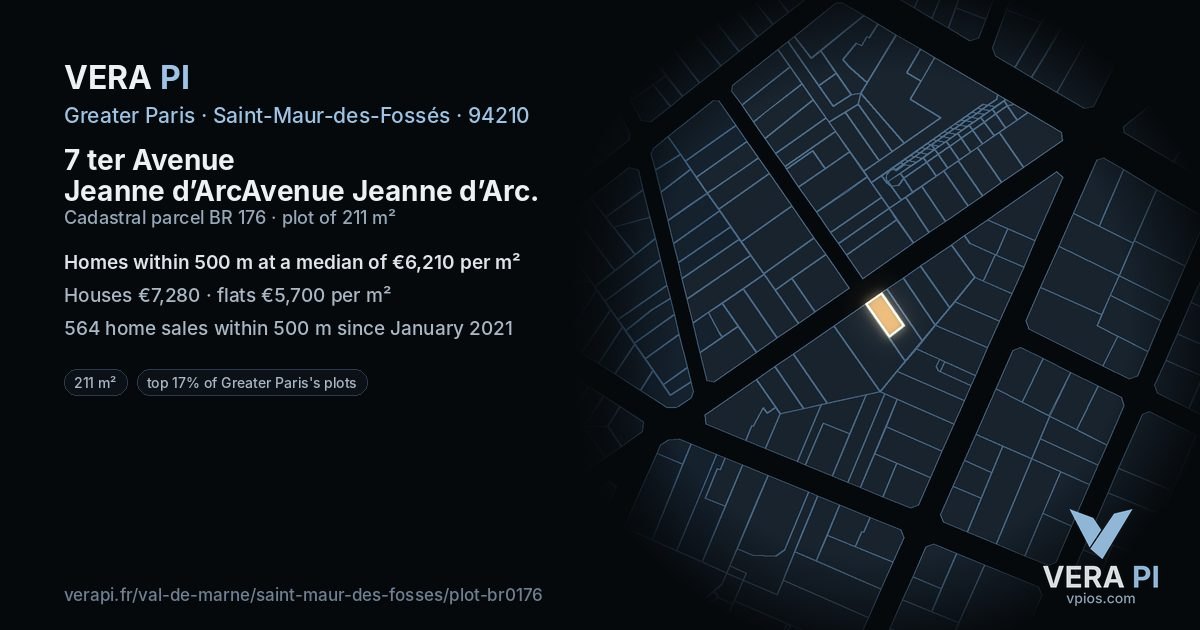 7 ter Avenue Jeanne d’ArcAvenue Jeanne d’Arc, Saint-Maur-des-Fossés at night – the plot lit, the parcels around coloured by the prices near them