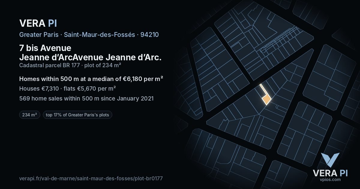 7 bis Avenue Jeanne d’ArcAvenue Jeanne d’Arc, Saint-Maur-des-Fossés at night – the plot lit, the parcels around coloured by the prices near them