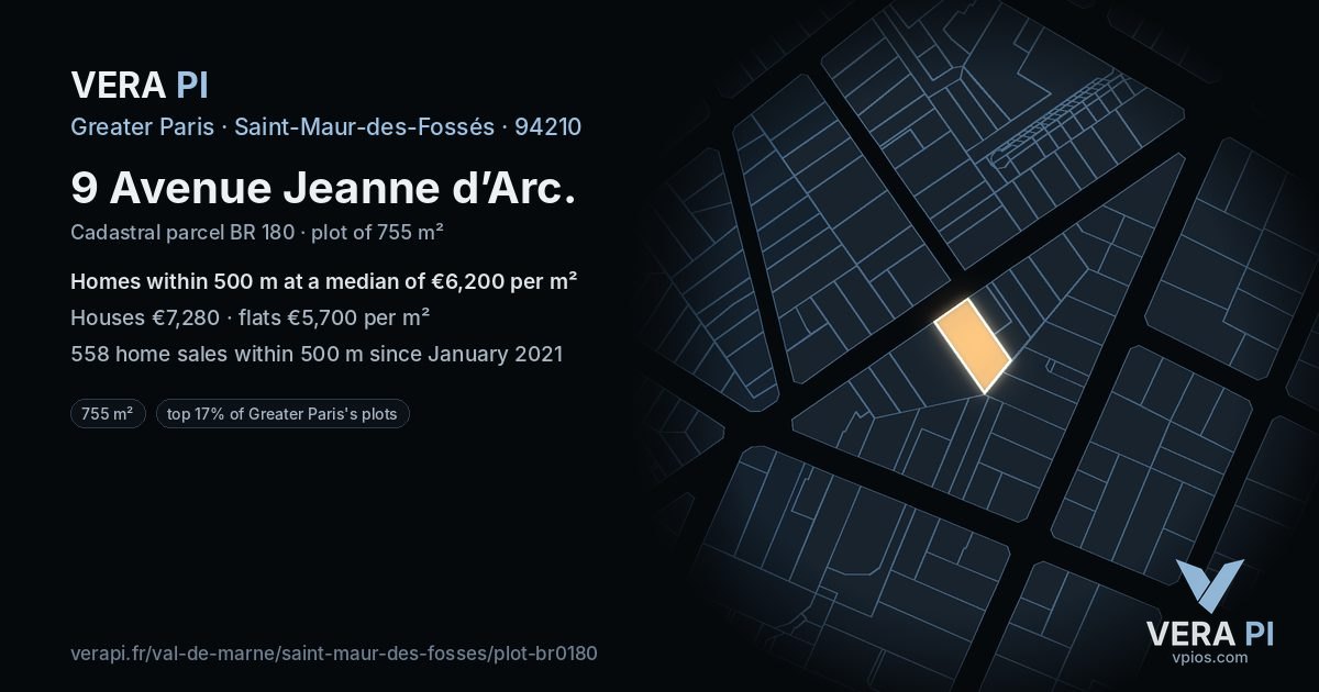 9 Avenue Jeanne d’Arc, Saint-Maur-des-Fossés at night – the plot lit, the parcels around coloured by the prices near them