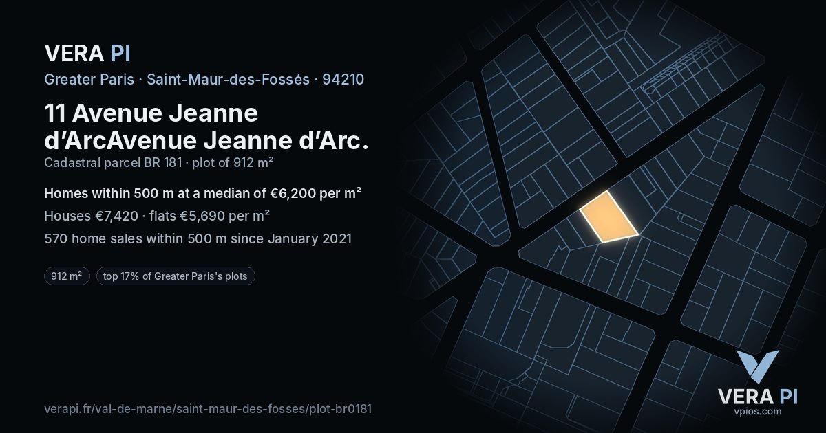 11 Avenue Jeanne d’ArcAvenue Jeanne d’Arc, Saint-Maur-des-Fossés at night – the plot lit, the parcels around coloured by the prices near them