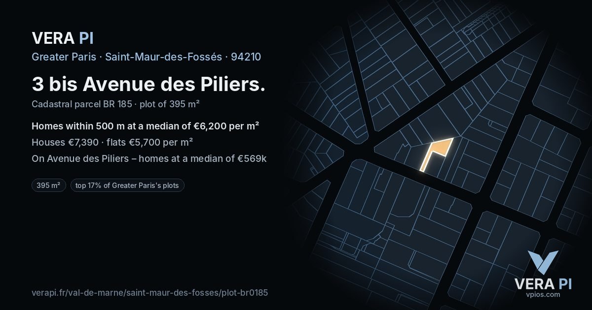 3 bis Avenue des Piliers, Saint-Maur-des-Fossés at night – the plot lit, the parcels around coloured by the prices near them