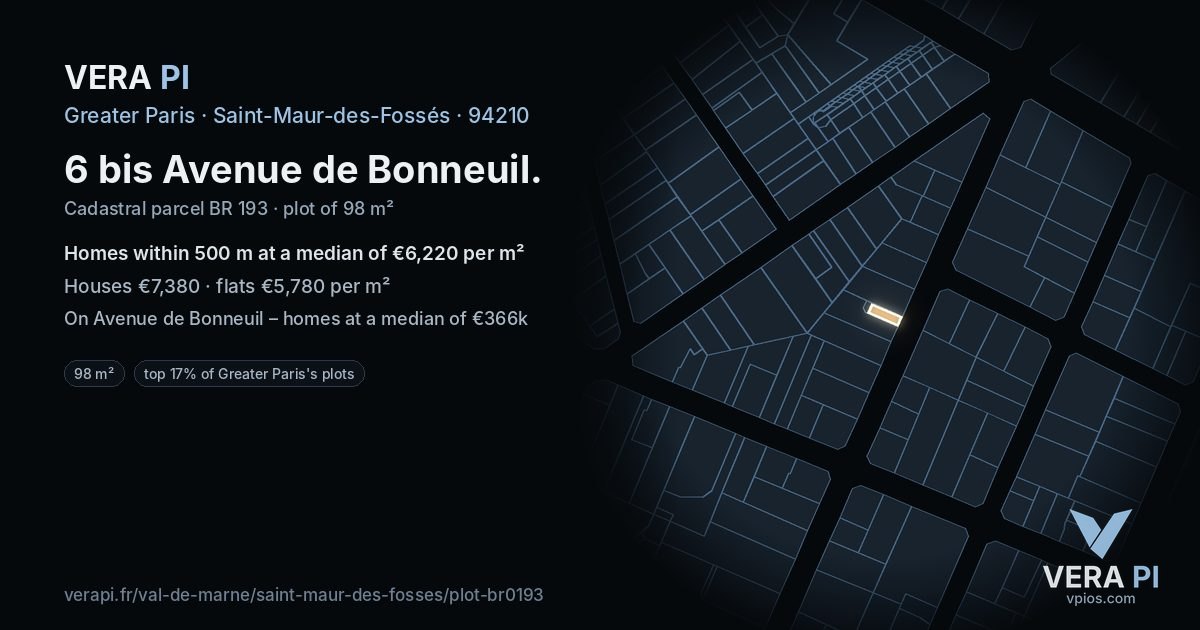 6 bis Avenue de Bonneuil, Saint-Maur-des-Fossés at night – the plot lit, the parcels around coloured by the prices near them