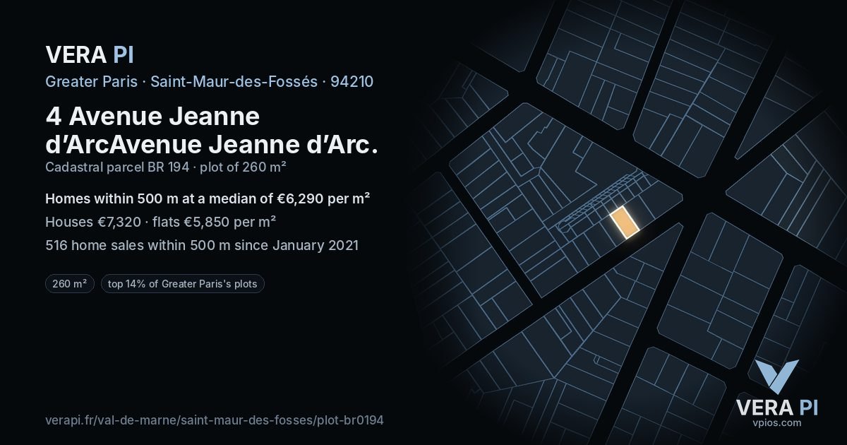 4 Avenue Jeanne d’ArcAvenue Jeanne d’Arc, Saint-Maur-des-Fossés at night – the plot lit, the parcels around coloured by the prices near them
