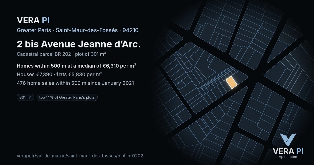 2 bis Avenue Jeanne d’Arc, Saint-Maur-des-Fossés at night – the plot lit, the parcels around coloured by the prices near them