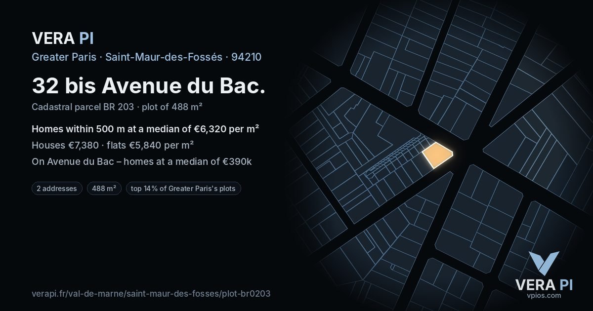 32 bis Avenue du Bac, Saint-Maur-des-Fossés at night – the plot lit, the parcels around coloured by the prices near them