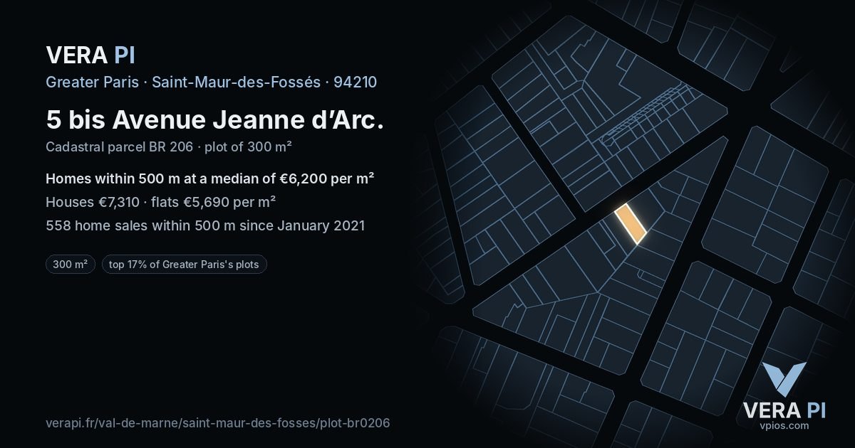 5 bis Avenue Jeanne d’Arc, Saint-Maur-des-Fossés at night – the plot lit, the parcels around coloured by the prices near them