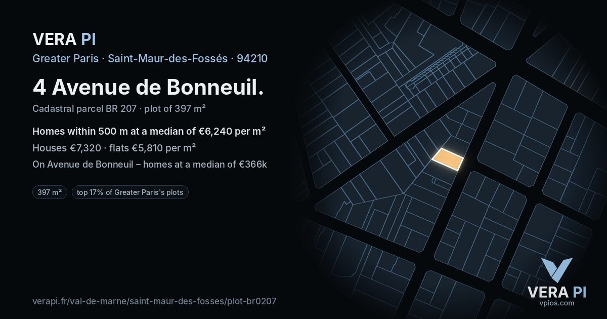 4 Avenue de Bonneuil, Saint-Maur-des-Fossés at night – the plot lit, the parcels around coloured by the prices near them